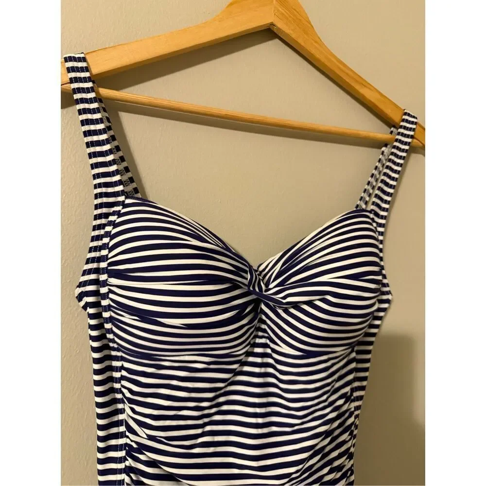 Niptuck Women's 10 Twist Front One Piece Swimsuit Blue Sorrento Stripe Nautical